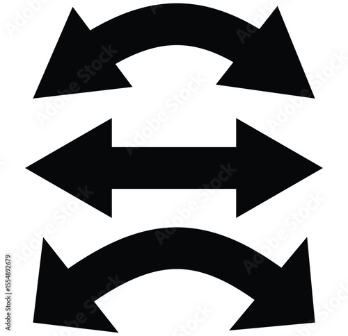 Dual sided arrow vector, icon, silhouette design. Semicircular curved thin, long double ended arrow vector design for website, app and logo design. Horizontal dual side arrow.