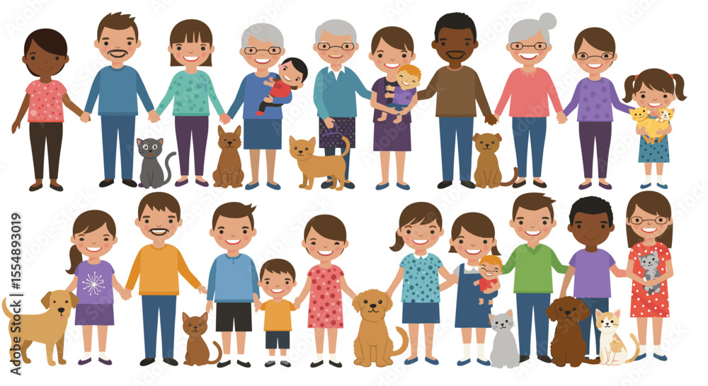 Diverse family portrait with pets - vector illustration for card design in flat style Diverse family portrait with pets - vector illustration for card design in flat style