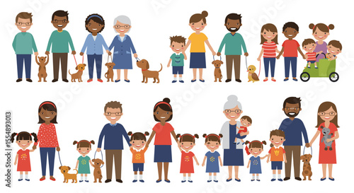 Diverse family portraits with pets vector illustration for poster design in flat style