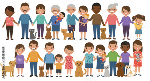 Diverse family portrait with pets - vector illustration for card design in flat style