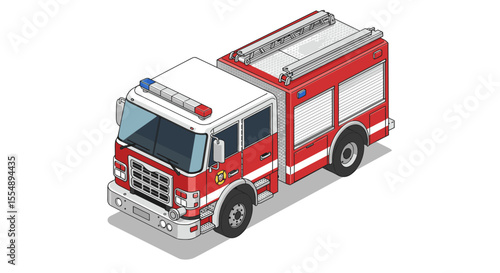 Fire truck vector illustration: emergency vehicle isometric design for posters and educational materials