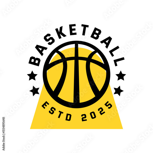 retro illustration of basketball ball with yellow shape. design for logo or apparel with sport theme