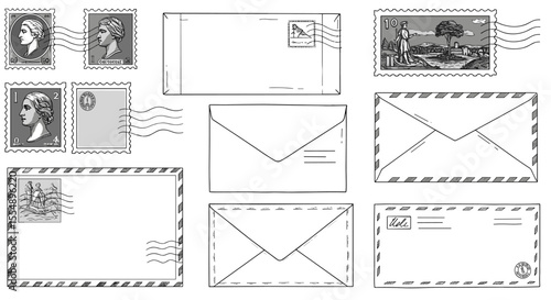 Vintage postal elements vector illustration: stamps and envelopes design for postal-themed projects