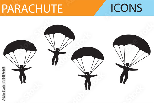 Set of Parachuting Icons Depicting Aerial Jumps, Flags, and Extreme Sports