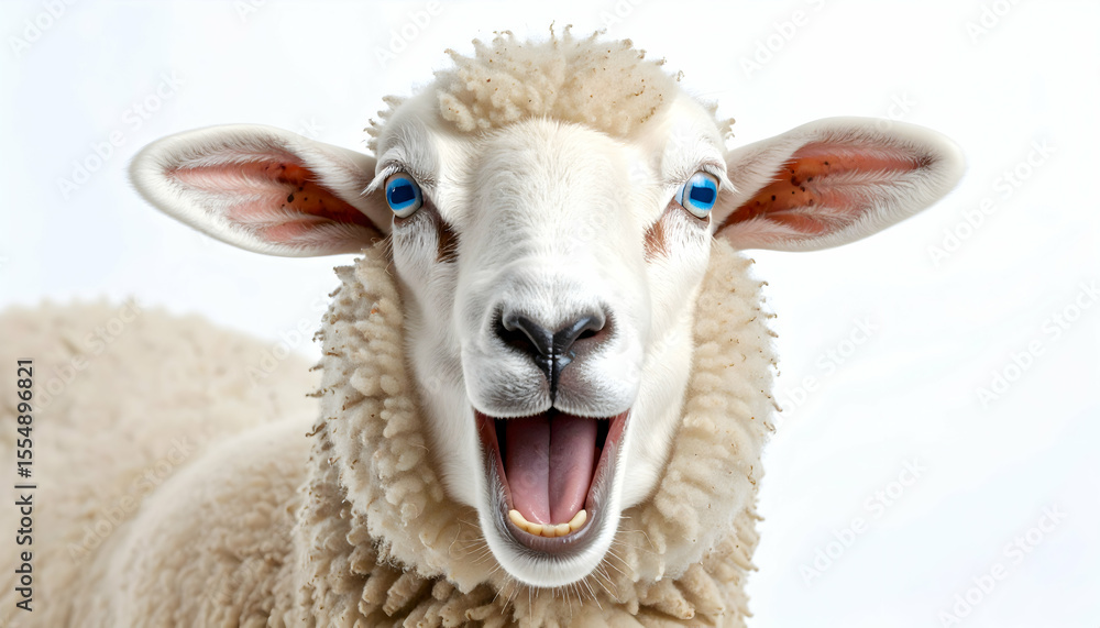 Obraz premium Surprised White Sheep with Bright Blue Eyes and Open Mouth