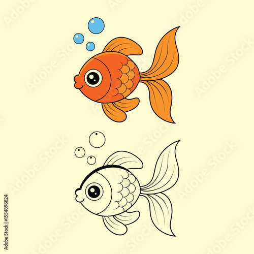 A vibrant cartoon goldfish with bubbles and a black outline drawing of a fish.