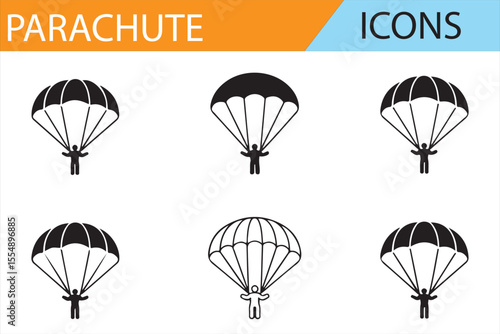Icons of Parachute Jumps with Flags for Adventure and Sports Themes