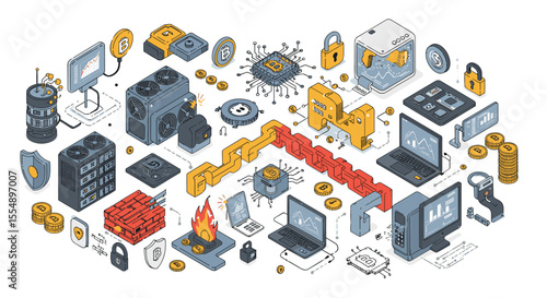 Isometric cybersecurity and cryptocurrency concept vector illustration for technology design