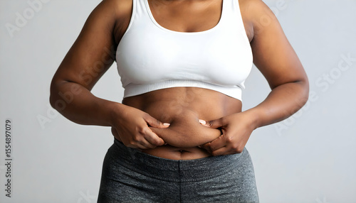 Torso of Woman Pinching Stomach Skin on Gray Background