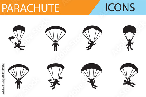 Skydiving Parachute Icons with Jumpers, Flags, and Aerial Symbols