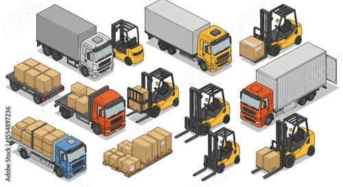 Isometric logistic vehicles and equipment vector illustration for transport design