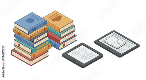 Digital and traditional reading: vector illustration of books and e-readers for educational design