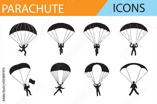 Set of Parachute Icons Featuring Jumpers, Flags, and Parachute Designs for Sports and Adventure