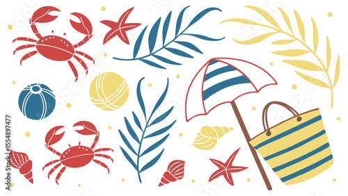 Summer Beach Elements:  Cute Hand-Drawn Crabs, Shells, Beach Ball, Striped Beach Bag and Umbrella, Tropical Leaves.
