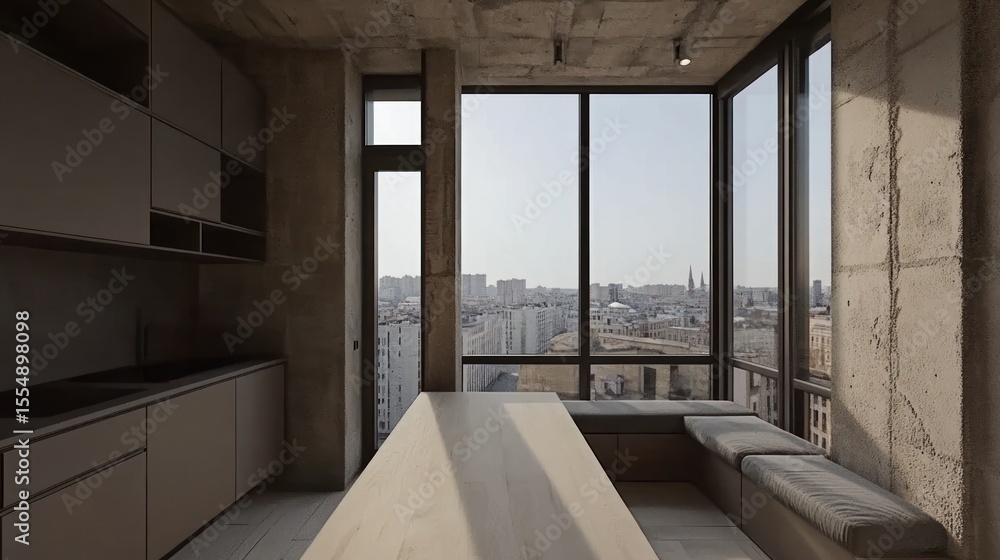 Obraz premium Modern kitchen with panoramic city view.