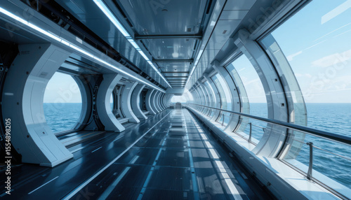Modern, futuristic walkway with large windows overlooking the ocean, bathed in blue light.