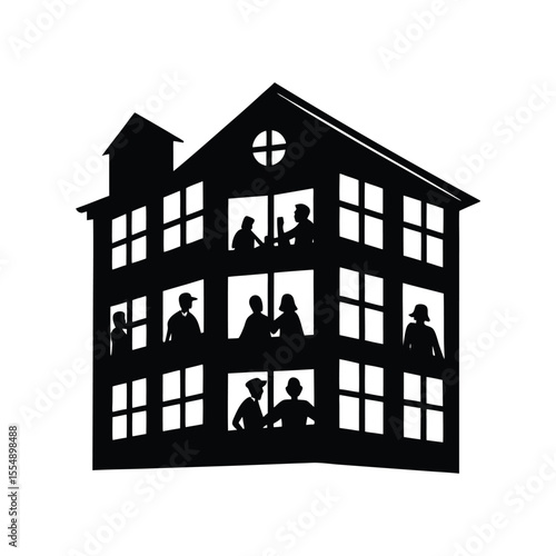 silhouette of dormitory with students in windows