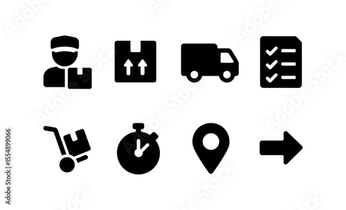 Delivery and logistics icons: package, truck, checklist, stopwatch, location, arrow