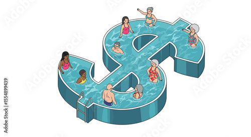 Creative concept vector illustration of diverse individuals enjoying in dollar-shaped pool