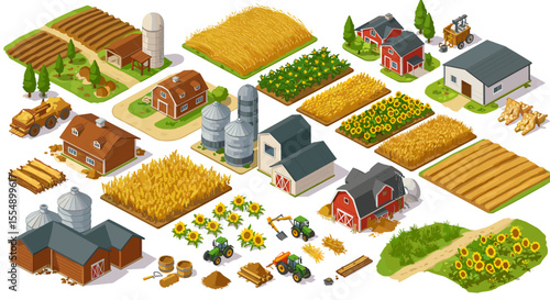 Farm life isometric vector illustration: agricultural elements for design and animation