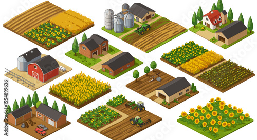 Isometric farm landscape vector illustration - rural agriculture elements for design