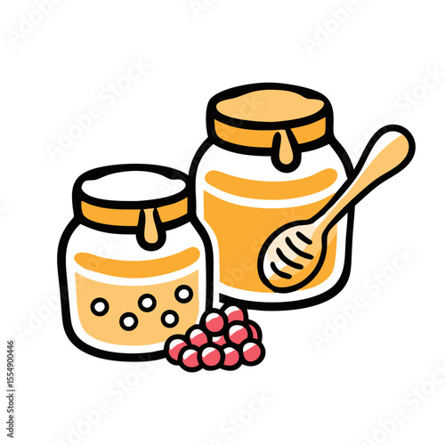 Illustrated Jars of Honey with Wooden Spoon and Berries for Summer Recipes, Healthy Eating Blogs, Organic Food Websites, and Culinary Education Content  