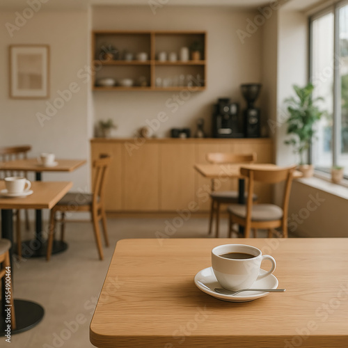 Wallpaper Mural Cozy minimalist coffee shop interior with cup of hot coffee on wooden table, warm afternoon light and Scandinavian style décor, copy space
 Torontodigital.ca