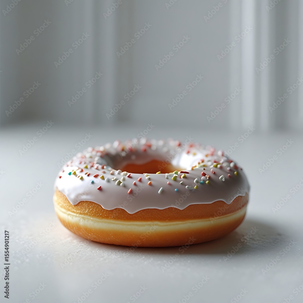 A close-up of a classic donut with white icing and colorful sprinkles, resting on a clean white surface with a soft, blurred background. A close-up of a classic donut with white icing and colorful sprinkles, resting on a clean white surface with a soft, blurred background.