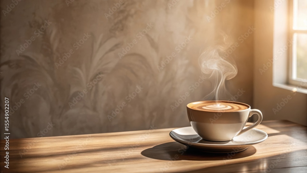 Aromatic Steaming Coffee in a White Cup on Wooden Table by Window with Sunlight Aromatic Steaming Coffee in a White Cup on Wooden Table by Window with Sunlight