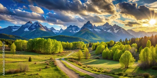 Serene Sunset Vista A Picturesque Country Road Winding Through Lush Green Spring Foliage Towards Majestic Mountain Peaks Bathed in Golden Sunlight