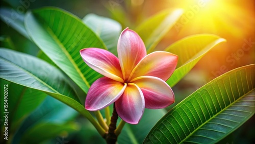 Vibrant tropical blossom bathed in sunlight, showcasing delicate petals and lush green foliage, a symbol of serenity and natural beauty
