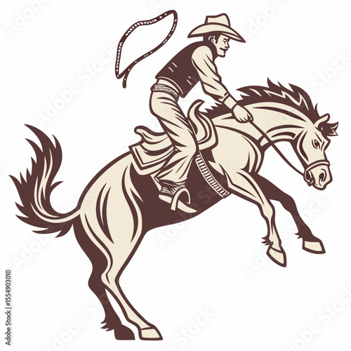 Cowboy riding bucking horse with lasso rodeo