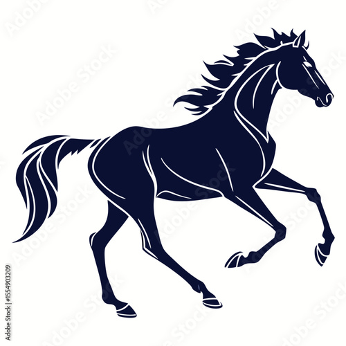 Elegant dark blue horse galloping across a clean white background silhouette running