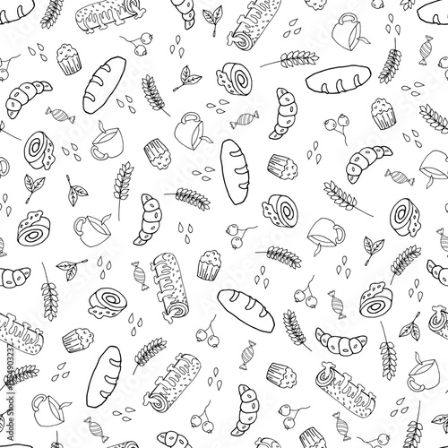 Seamless pattern of cups, cakes, loaf, bread, croissants, sweets. Handmade vector illustration for bakery, cafe design. Doodle style.