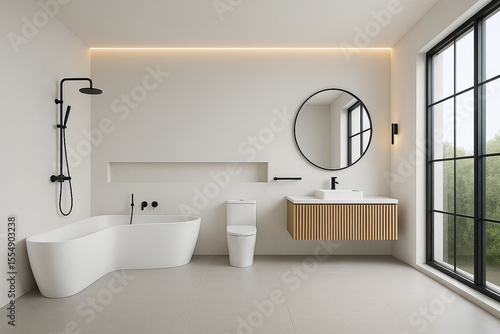 Minimalist modern bathroom with light-gray porcelain floor, white walls, black rain shower and fixtures, round black mirror, fluted wood floating vanity, freestanding tub, neon yellow accent, 4K rende