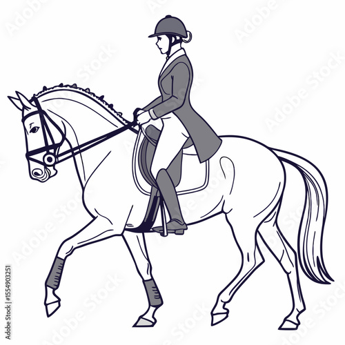 Elegant dressage rider in grey attire on a white horse equestrian sport