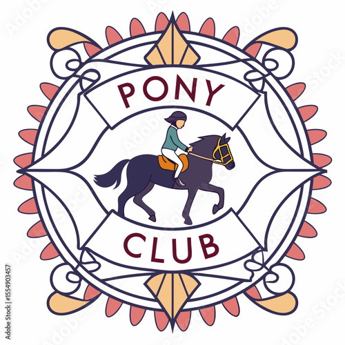 Equestrian rider on dark horse within decorative circular emblem pony club horse riding