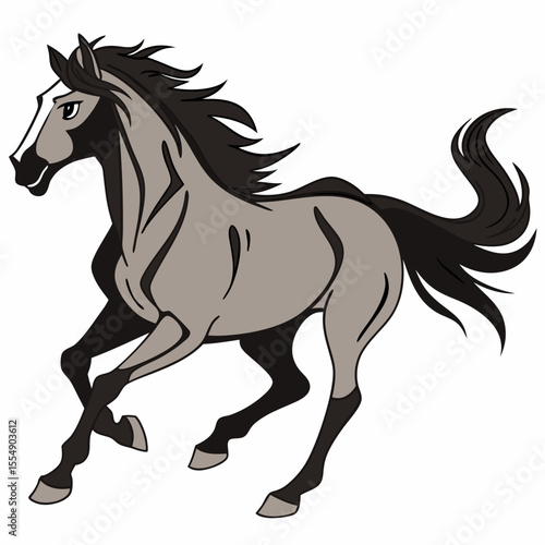 Grey horse galloping with dark mane and tail equine animal