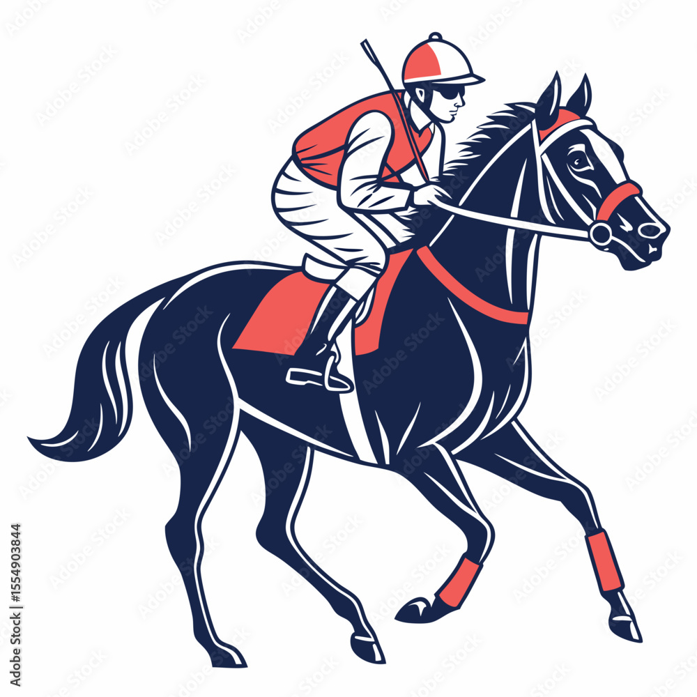 Obraz premium Jockey riding dark horse with red accents and whip racing equestrian