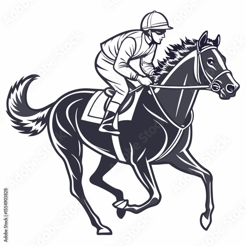 Jockey riding dark horse in motion on white background racing equestrian