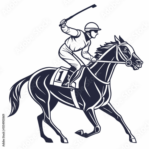 Jockey riding thoroughbred horse with whip racing equestrian