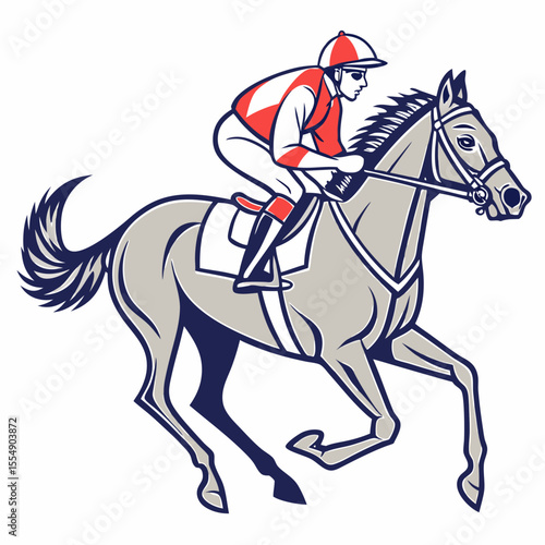 Jockey riding grey horse with red and white attire racing equestrian