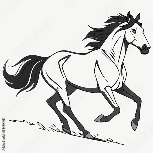 Majestic monochrome horse galloping with flowing mane and tail equine running