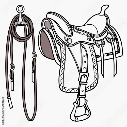 Western saddle and bridle with stirrups and reins equestrian