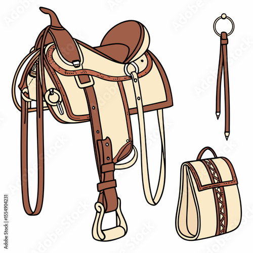 Western saddle and equestrian gear with leather straps and stirrups reins