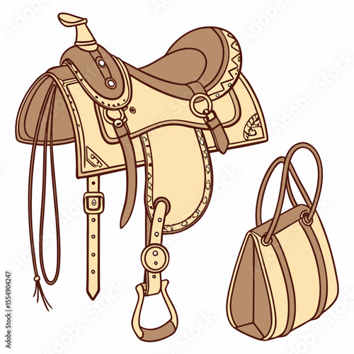 Western saddle and leather bag with decorative stitching horse tack equestrian