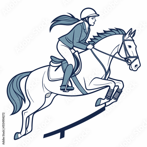 Woman rider jumping horse over obstacle equestrian female