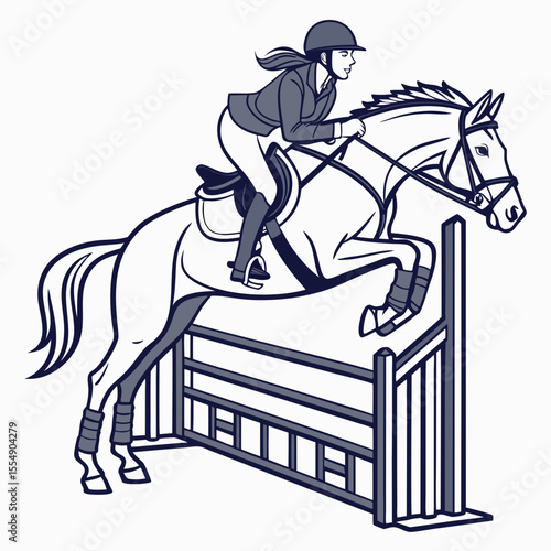 Woman rider jumping horse over obstacle equestrian