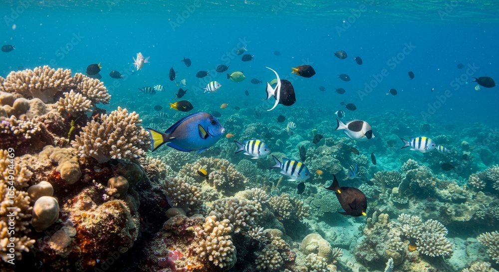 Fototapeta premium Vibrant Coral Reef Ecosystem Underwater Scene with Diverse Fish Species