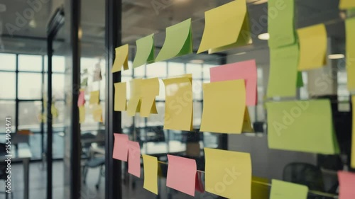 Colorful Sticky Notes Adhered to a Glass Wall in a Modern Office Environment, Representing Brainstorming or Project Management